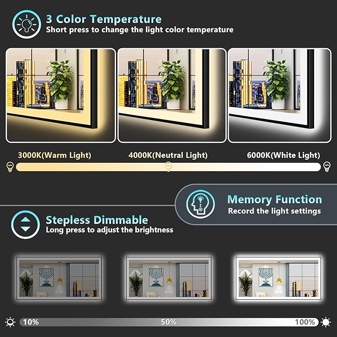 72x40 Inch Black Framed LED Bathroom Mirror with Lights, Backlit & Front Lit, Anti-Fog Lighted Vanity Mirrors for Bathroom Wall, Dimmable, 3-Color Light, Memory, Shatter-Proof, Tempered Glass