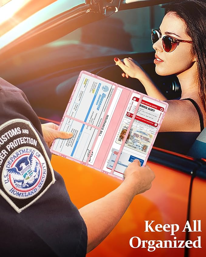 Slohif Car Registration and Insurance Card Holder - Bow Vehicle Glove Box Organizer Women with Magnetic Shut Leather Automobile License Holders Coasters Auto Accessories Case for Document