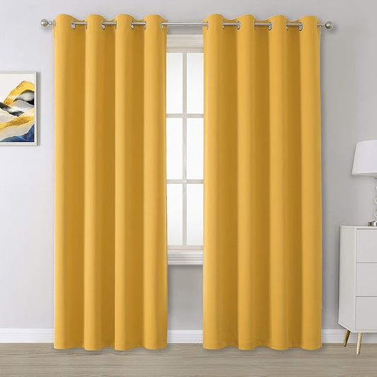 DUALIFE Yellow Solid Curtains 96 Inch Length Blackout Curtain Panels for Bedroom Room Darkening Gold Window Drapes Thermal Insulated Grommet Top 52Wx96L,2 Panels