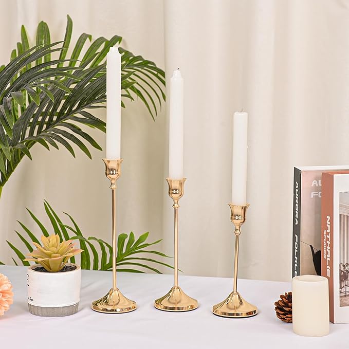 Candlestick Holders 15 PCS, Metal Taper Candle Holder, Gold Candle Holders for Pillar Candles, Vintage Dining Table Centerpiece Decorations for Wedding Party Christmas Halloween Decor