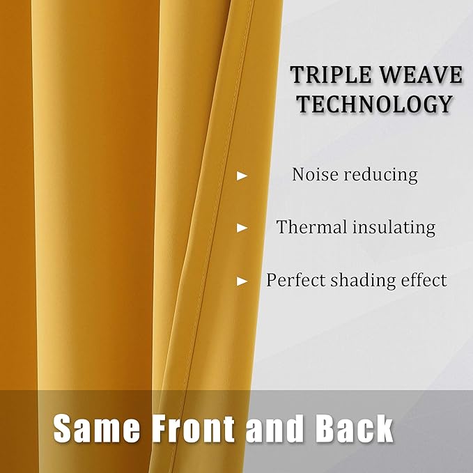 DUALIFE Yellow Solid Curtains 96 Inch Length Blackout Curtain Panels for Bedroom Room Darkening Gold Window Drapes Thermal Insulated Grommet Top 52Wx96L,2 Panels
