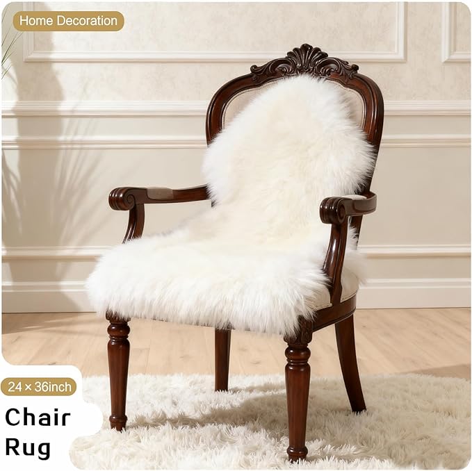 White Faux Fur Sheepskin Area Rug for Living Room Bedroom, 2 x 4 Feet Ultra Soft Shaggy Fuzzy Furry Carpet Chair Throw Rugs for Kids, Girls, Nursery Room Decor Dorms-Special Shape