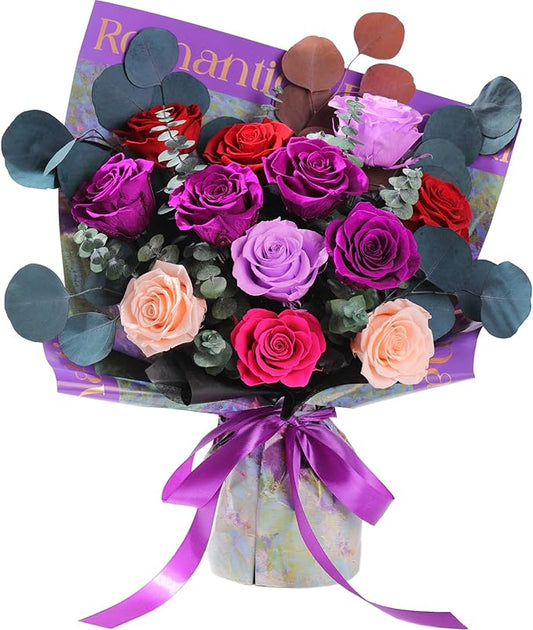 Lovenfold Flowers for Delivery Birthday Flowers Gift for Her,Preserved Flowers Bouquet 12 Roses Mixed Bouquet,Rose Gifts for Women Mom Grandma(Mixed 12 Purple-B Roses)