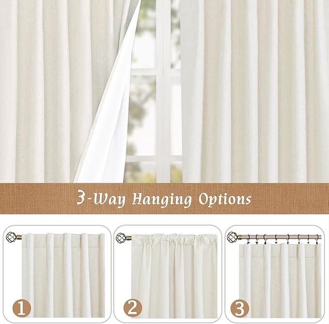 LAMIT Natural 100% Blackout Linen Curtains, 84 Inches Linen Textured Thermal Bedroom Curtains Back Tab and Rod Pocket Neutral Panels with White Liner for Farmhouse, 2 Panels, 60 x 84 Inch, Ivory