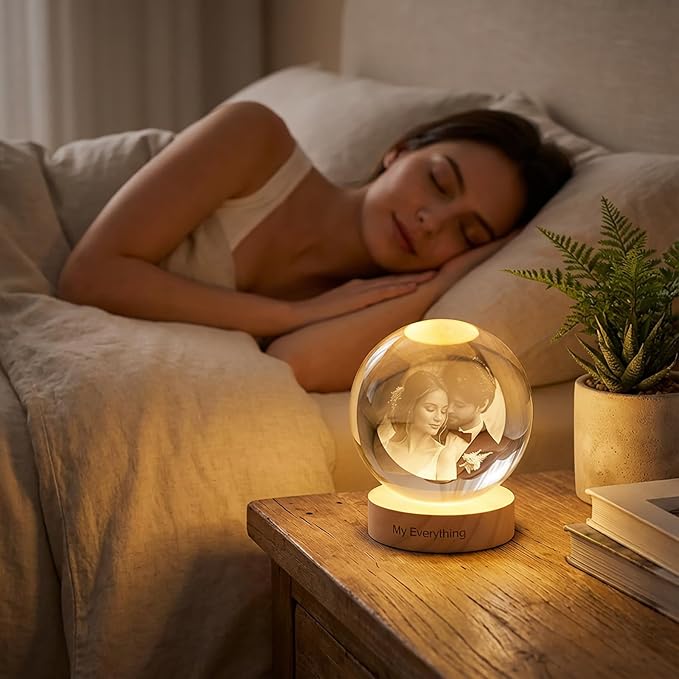 Custom 3D Crystal Photo Night Light Personalized Photo Crystal Ball Engraved Picture Lamp with Wood Base Memorial Gift for Pets Family Couple Birthday Valentine's Day (Style 2)