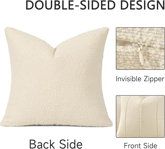 YCOLL Textured Boucle Throw Pillow Covers 22x22 Pack of 2 - Soft Neutral Striped Cushion Covers, Cozy Accent Decorative Pillow Covers for Couch, Sofa, Bed, Living Room (Cream)