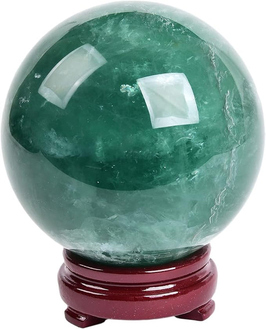 JIC Gem Large Healing Crystal Ball - Green Fluorite Sphere with Stand - Home Decoration (110-120mm)