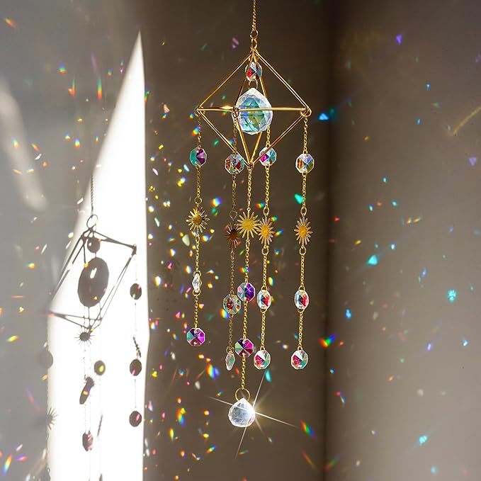 HDCRYSTALGIFTS 17inch Crystal Prisms Suncatcher for Window Hanging Gold-Plated Crystal Sun Catcher Indoor Window Rainbow Maker Home Garden Christmas Tree Decoration