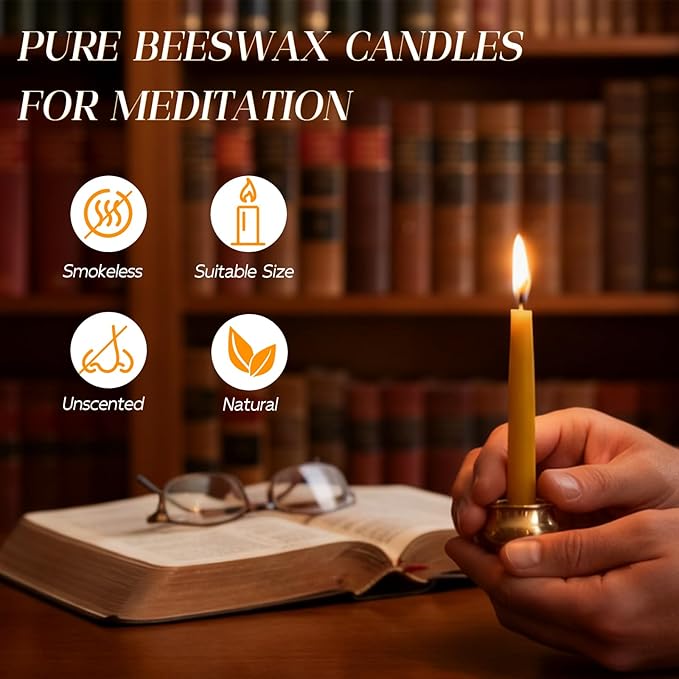 70Pcs Beeswax Candles 30 Minute Meditation Candles, Mini Taper Candles with Brass Candle Holders, Prayer Candle Gift for Yoga Relaxation Ritual Chime