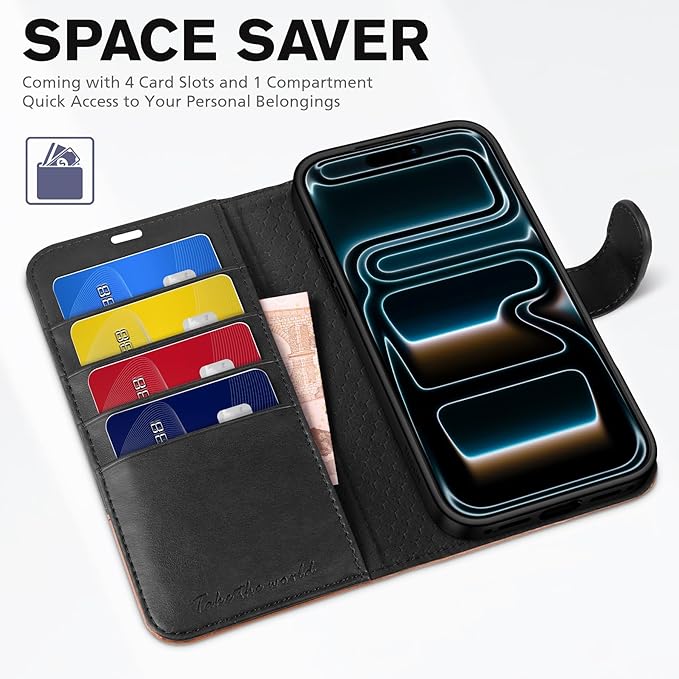 TUCCH Wallet Case for iPhone 17 Pro Max (6.9") 2025, RFID Blocking 4 Card Slots, Kickstand, Shockproof TPU Shell, PU Leather, Magnetic Closure, Protective Flip Folio Cover, Black & Brown