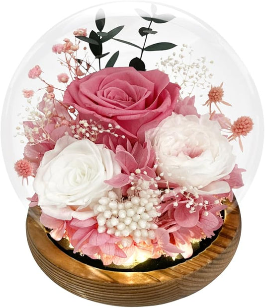 FIACO Valentines Gifts for Her Preserved Flowers in Glass Dome Long-Lasting Eternal Roses Birthday Gifts for Women Mom Grandma Wife Girlfriend Pink Forever Flowers for Delivery Prime