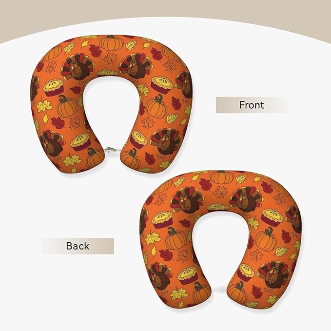 Neck Pillow Memory Foam Travel Pillows Comfortable for Airplane Flight Car Travel Office Nap and Sleeping, Funny Cushion for Head Shoulder Orange Pumpkin Color Thanksgiving Turkey