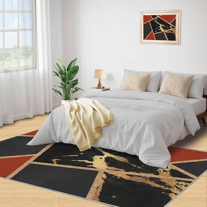 Black Gold Marble Area Rug Modern Abstract Marble Rug Polygonal Geometric Patchwork Carpet 3D Light Luxury Geometric Line Carpet for Living Room Playroom 4x5ft