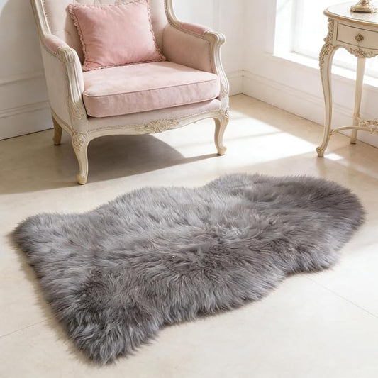 Grey Samll Faux Fur Sheepskin Area Rug for Living Room Bedroom, 2 x 3 Feet Ultra Soft Shaggy Fuzzy Furry Carpet Chair Throw Rugs for Kids, Girls, Nursery Room Decor Dorms