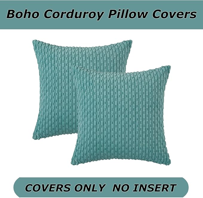 Kevin Textile Throw Pillow Covers Soft Corduroy Decorative Set of 2 Boho Striped Pillow Covers Pillowcases Farmhouse Home Decor for Couch Bed Sofa Living Room 20x20 Inch Aqua Green