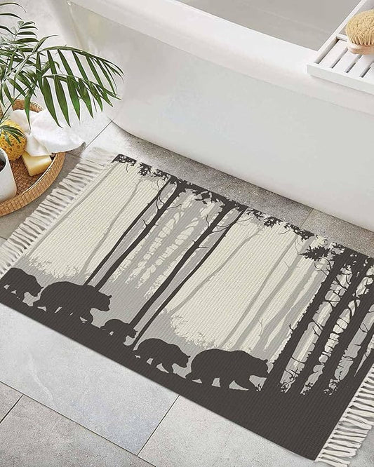 Rustic Bear Entryway Rug 2X3 Ft Bathroom Mat, Washable Woven Forest Animal Rustic Cabin Throw Carpet with Tassel, Non-Shedding Farmhouse Vintage Nature Scenery Art Indoor Outdoor Kitchen Doormats