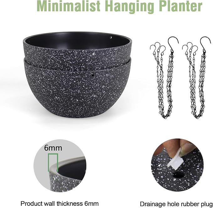 12 inch Large Hanging Planters for Indoor Outdoor Plants, 2 Pack Hanging Flower Pots with Drainage Holes and Chain for Garden Porch, Plastic Hanging Baskets for House Plants, Speckled Black