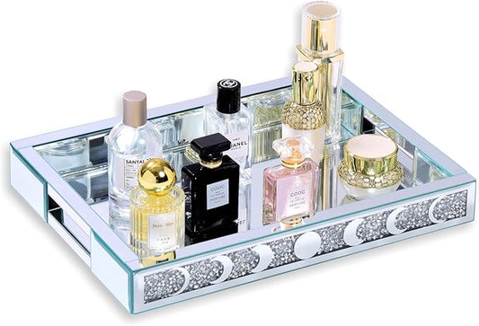 Crush Diamond Mirror Perfume Tray, Silver Glass Mirror Trays for Vanity, Table Trays Decorative, Moon Phase Pattern Vanity Trays for Bedroom Dresser Bathroom(15”x11”x2”)