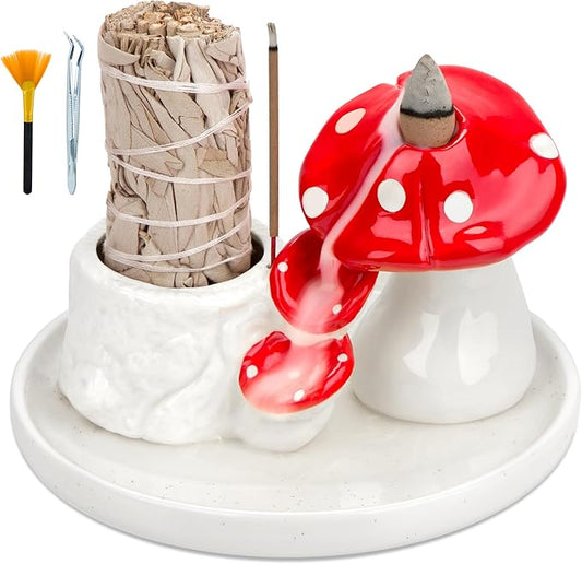 ZenBless 5 in 1 Mushroom Gifts Waterfall Incense and Candle Burner for Burning Sage, Palo Santo, Incense Sticks Backflow Cones,Candle Ceramic Backflow Cone Holder Spiritual Meditation Yoga