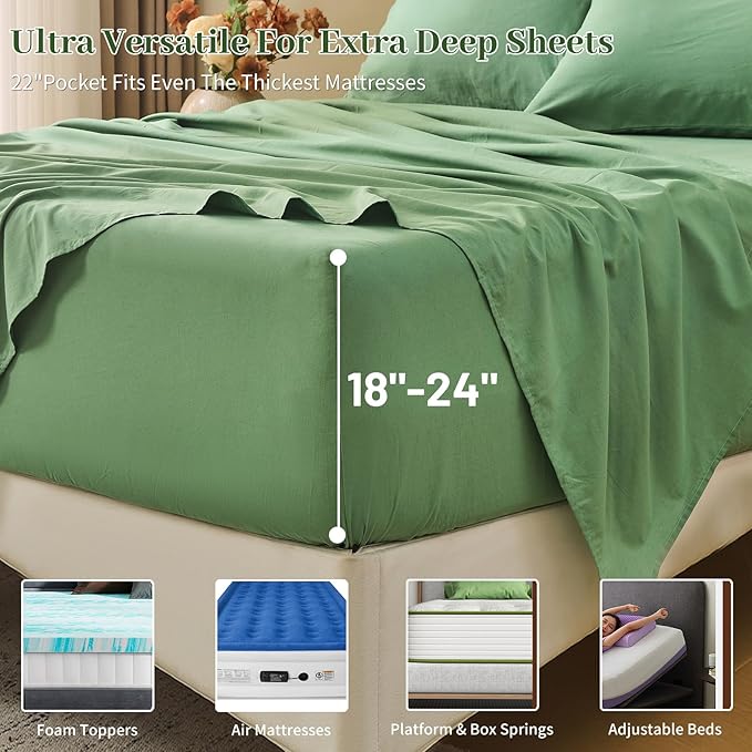 MEISHANG 100% French Pure Linen Sheets King Size - 6 PC Extra Deep Pocket Sheet Set, Soft Durable Flax Linen, Anti-Tear Breathable & Oeko-Tex Certified 18-24 Deep Pocket,All Season(Sage Green)