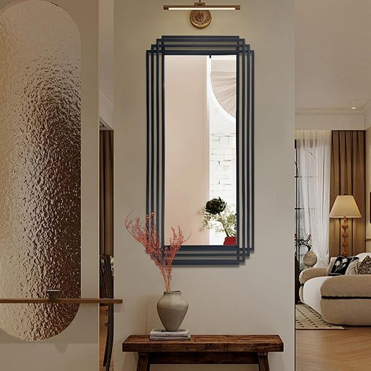 Black Rectangle Mirror, 47"x22" Art Deco Wall Mirrors with Geometric Metal Frame, Modern Elegant Mirror for Living Room Bathroom Bedroom Entryway Hallway, Hangs Vertically or Horizontally