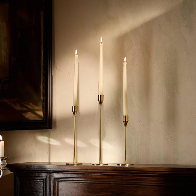 Solid Taper Candle Holders Set of 3, Vintage Brass Long Skinny Candlestick (Heights: 9/11/13 Inch), Heavy Iron Anti-Slip Base for Fireplace Mantle Table Centerpiece Wedding Decor