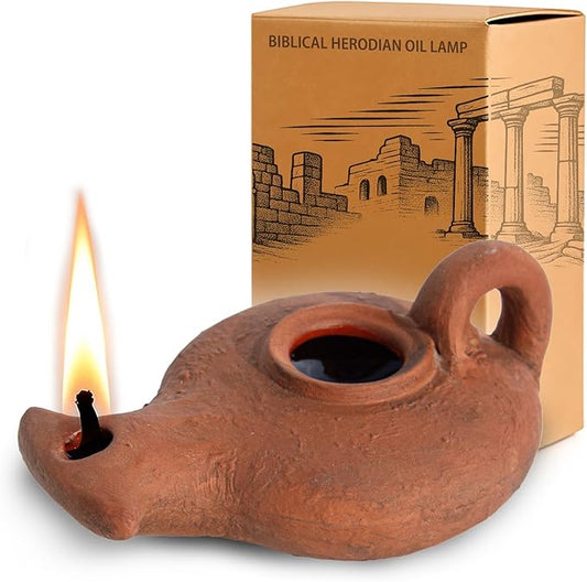 Biblical Herodian Oil Lamp with Handle – Glazed Clay Replica in Gift Box with Certificate of Authenticity - Handmade Holy Land Judaica & Christian Gift