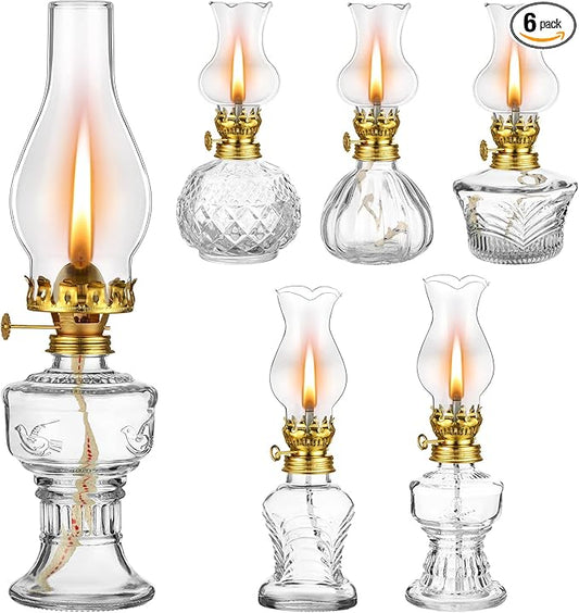6 Pcs Oil Lamp Vintage Glass Kerosene Lamp for Indoor Use Rustic Decorative Glass Hurricane Lantern with Wick for Home Tabletop Decor Emergency Lighting, 6 Style(Gold)