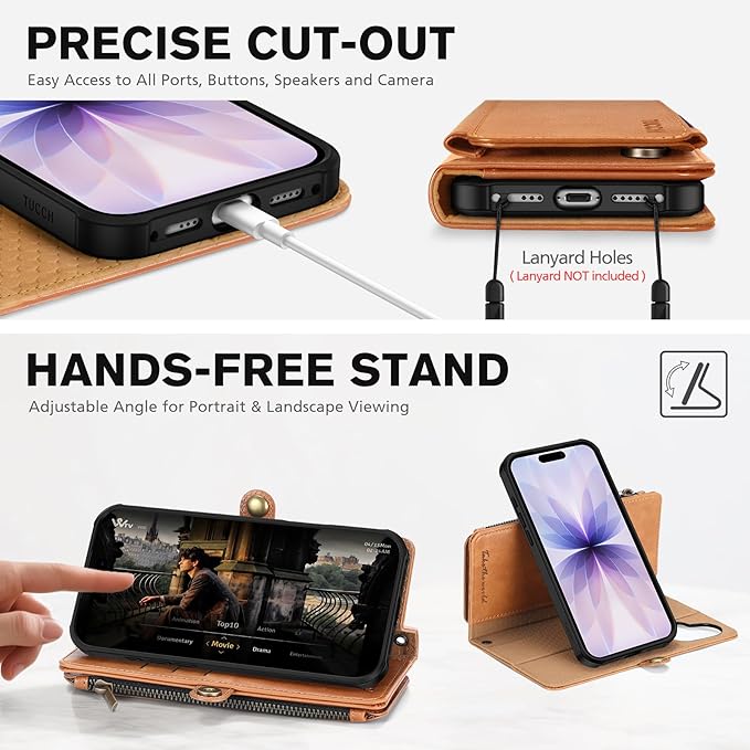 TUCCH Removable Crossbody Case Wallet for iPhone 17 (6.3-inch) 2025, Wireless Charging, RFID Blocking 9 Card Slots, Lanyard, Wrist Strap, Zipper Pocket, PU Leather, Stand Magnetic Cover, Light Brown