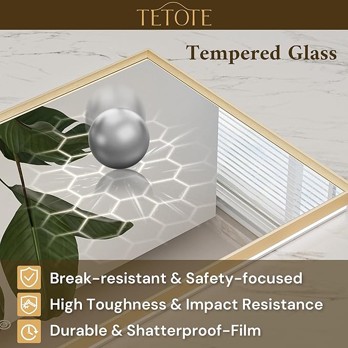 TETOTE 48 x 36 Backlit Bathroom Mirror Brushed Gold Metal Frame LED Light Vanity 3-Color White/Warm/Natural Stepless Dimmable Anti-Fog Backlight Mirror Wall-Mounted