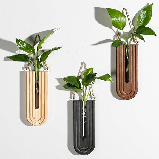 Indoor Wood Wall Planter Set of 3 for Plants - Boho Handmade Hanging Propagation Station with Curved Rainbow Design, Wall Mounted Vase for Flowers, Natural Home Decor Living Room Entryway