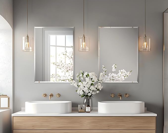 Frameless Rectangular Wall Mirror: Decorative Rectangle Mirrored Glass Vanity with Beveled Silver Edge for Bathroom Bedroom Livingroom Dining Room Entryway Hallway, 20 x 16 inch