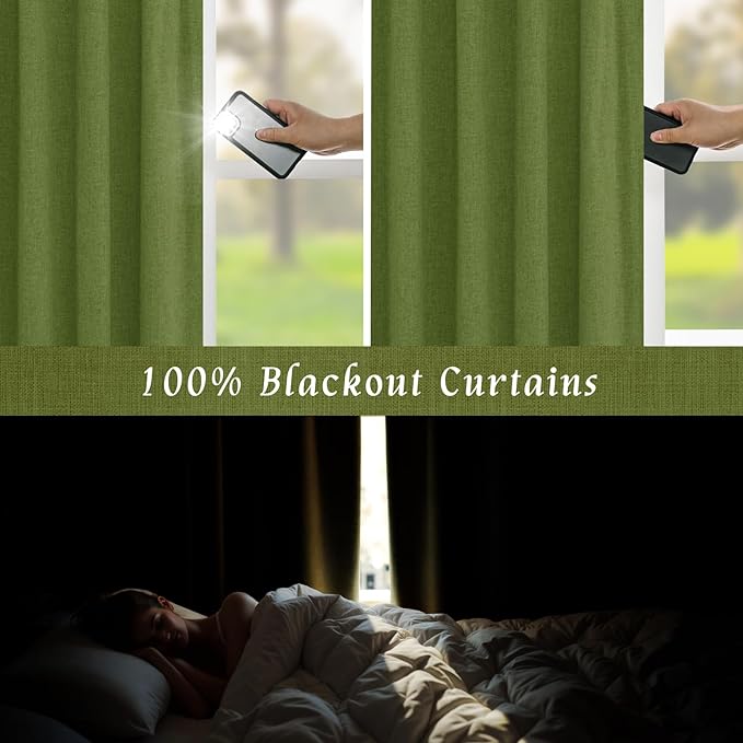 LAMIT 100% Blackout Linen Curtains 63 Inches Long, Linen Textured Living Room Bedroom Drapes Full Room Darkening Back Tab and Rod Pocket Panels with White Liner, 2 Panels, Olive Green, 60 x 63 Inch