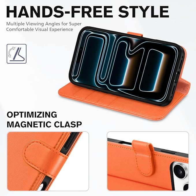 TUCCH Wallet Case for iPhone 17 Pro Max (6.9") 2025, RFID Blocking 4 Card Holders | Kickstand | Shockproof TPU Shell | PU Leather | Magnetic Closure | Protective Flip Folio Cover | Orange