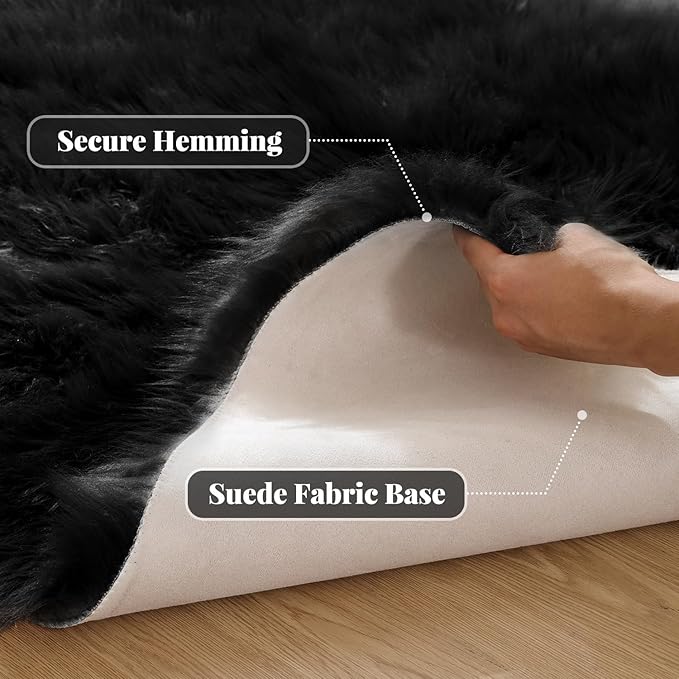 Black Faux Sheepskin Washable Fluffy Fur Rugs for Bedroom Fuzzy Nursery Rug 3x5 Rectangle Rug Cute Room Home Décor