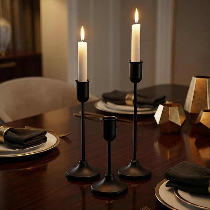 18 Pcs Black Candlestick Holders Set - Vintage Brass Taper Candle Holder for Pillar Candles - Modern Decorative Centerpiece for Wedding Fireplace Mantel Decor - Cozy Atmosphere Housewarming Gift
