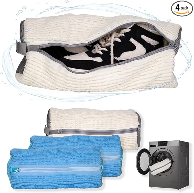 Shoe Washing Machine Bag, 4 Pcs Laundry Shoe Bags for Washer and Dryer with Chenille Liner, Large Reusable Mesh Bag for Sneakers, Gym, Tennis, Sports, Delicate, 2 Color Mix (Blue+Beige)