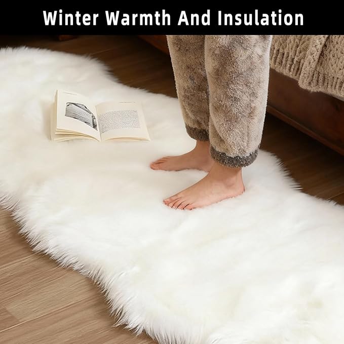 White Faux Fur Sheepskin Area Rug for Living Room Bedroom, 4 x 6 Feet Ultra Soft Shaggy Fuzzy Furry Carpet Chair Throw Large Rugs for Kids, Girls, Nursery Room Decor Dorms