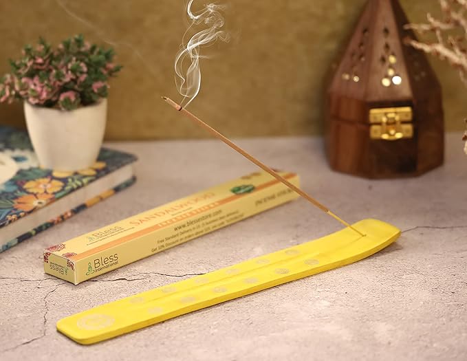 Bless-International Traditional-Handmade-Burner Wooden-Incense-Stick-Holder Ash-Catcher-Stand for-Aromatherapy-Meditation-Yoga (Positivity Yellow) 10 Inches, Pack of 2