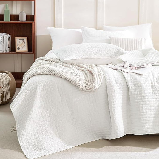 Sanracie Stonewashed Oversized King Bedspread(118"x106"), Cotton Milk White California King Quilt Coverlet Cross Stitch Ultra Soft Lightweight 3Pcs Crinkle Bed Coverlet Set for All Season