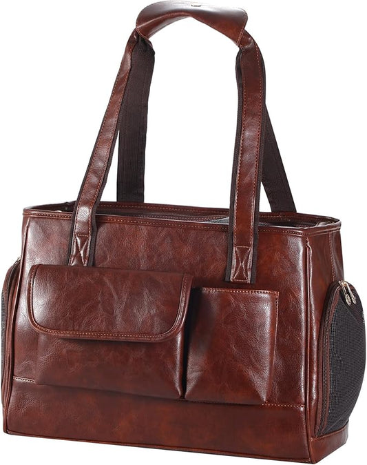 Dog Carrier Purse, Fashion Leather Pet Carrier Bag, Airline Approved Soft Sided Cat Travel Tote Bag with Pockets Coffee