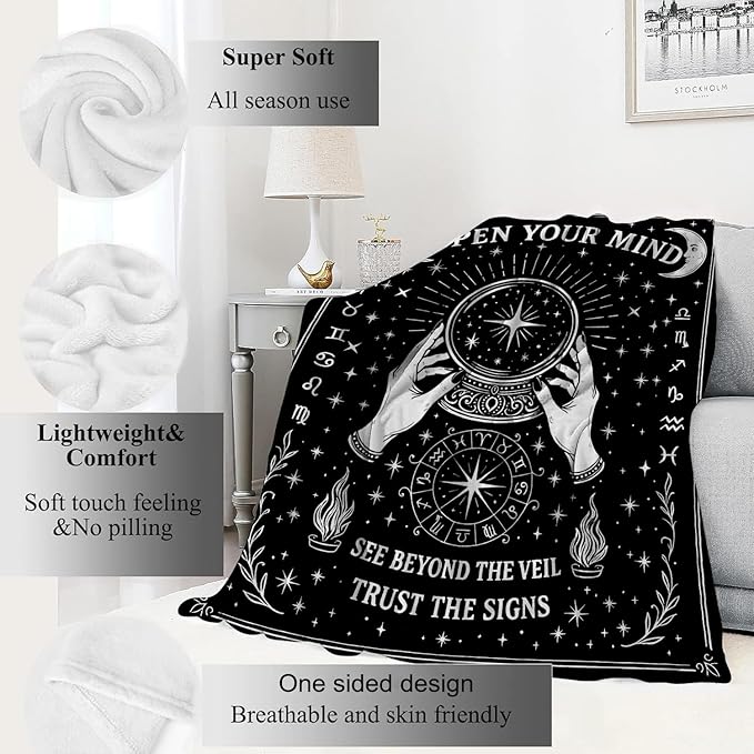 Black White Tarot Zodiac Signs Blanket Halloween Holiday Decor Occult Throw Gifts for Adults Lightweight Soft Fleece Divination Crystal Ball Blankets for Sofa Couch Witchy Decoration 60x80in
