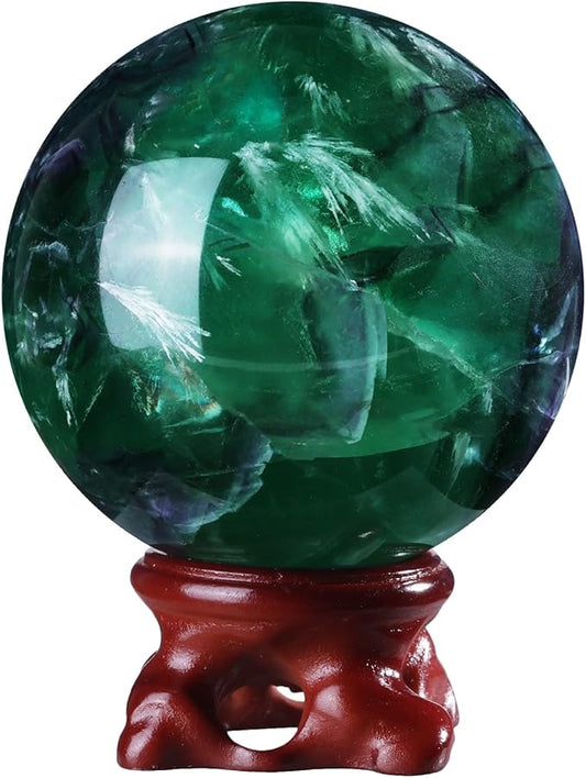 SUNYIK Natural Fluorite Ball Sphere with Resin Stand Polished Crystal Sphere Stone Figurine Decor for Home Office Tabletop, 2.4-2.7”(61-70mm)