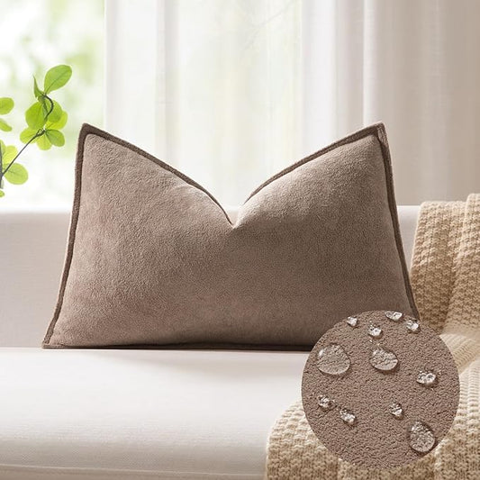 Kevin Textile 12x24 Inch Lumbar Pillow Cover 1 Pack Soft Boucle Textured Decorative Waterproof Rectangle Cushion Elegant Accent Pillow for Couch Sofa Chair Bed Home Decor Indoor Outdoor Taupe