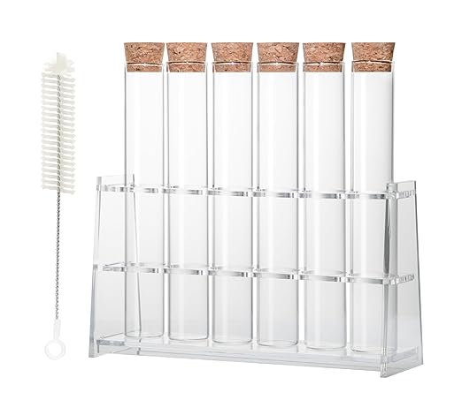 6pcs 100ml Glass Test Tube with Cork Stopper, 30 x 200mm Flat Bottom Storage Tube with Cap, 6 Holes Acrylic Rack, Plant Propagation Vase Set for Scientific Experiments Lab Candy Party Decor