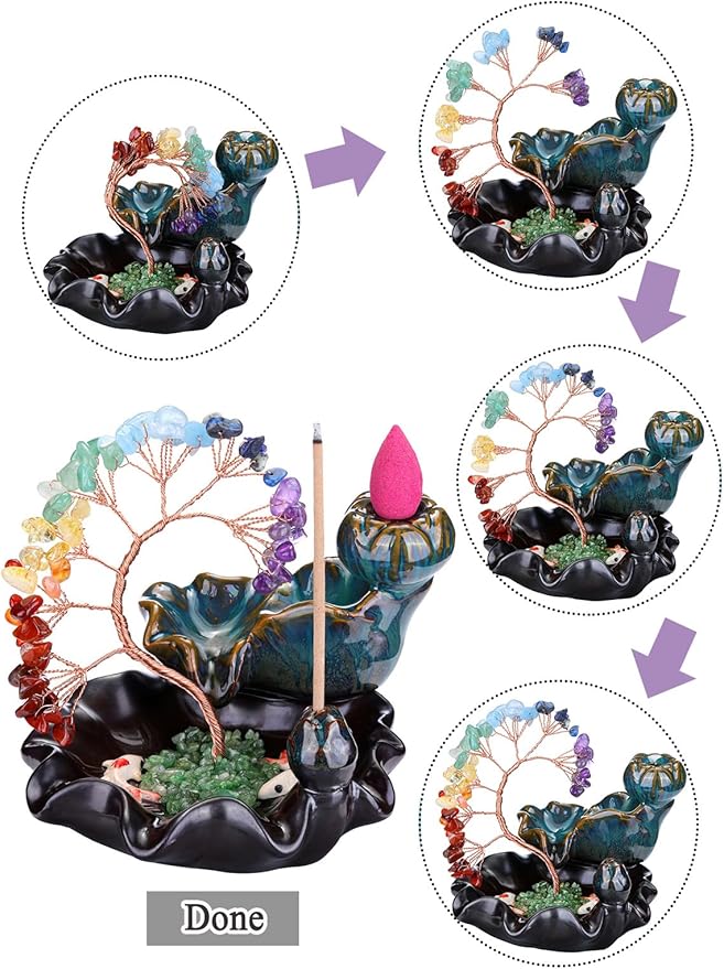 Jovivi Backflow Incense Burner Ceramic Incense Waterfall, Natural Amethyst Healing Crystal Money Tree Incense Holder for Wealth, Good Luck, Yoga Meditation, Home Decor