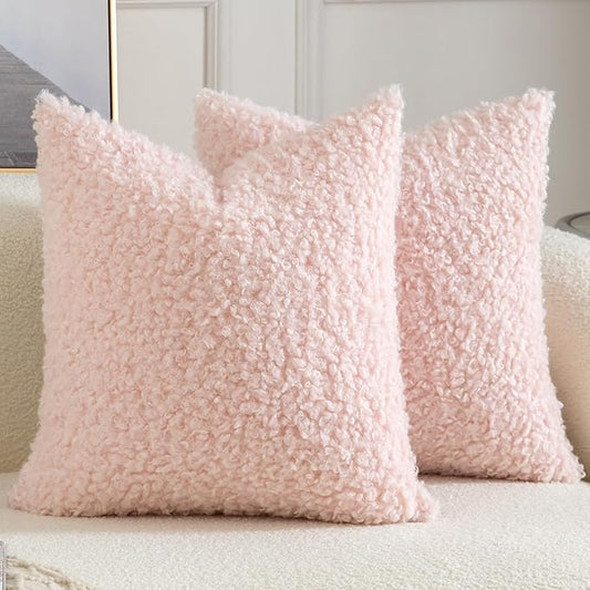 Yaertun Pack of 2 Faux Fur Throw Pillow Covers Decorative Sherpa Boucle Pillow Covers Fuzzy Soft Pillowcases Sheepskin Fleece Cushion Case for Couch Sofa Bed Living Room 16x16 Inch Pink