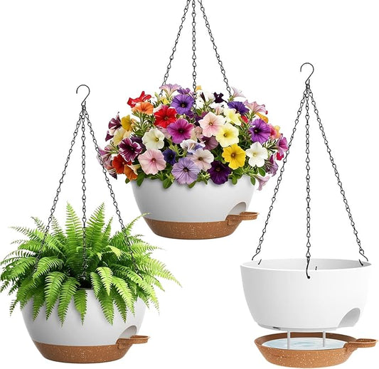 Set of 3-10 Inch Self Watering Hanging Planters for Indoor & Outdoor，Hanging Plant Pots with Drainage & Removable Tray, Hanging Pots Holder for Pothos Plant, Ferns, Balcony & Patio,White with Brown