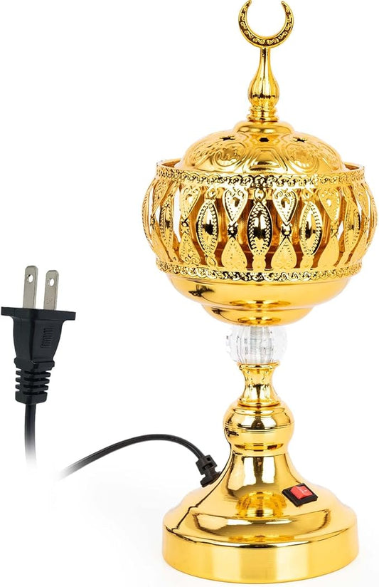Golden Electric Incense Burner, Arabian Style Frankensense Electric Incense Holder with US Plug, Middle Eastern Tabletop Decorative Censer for Yoga Spa Home Office Christian Church Decor