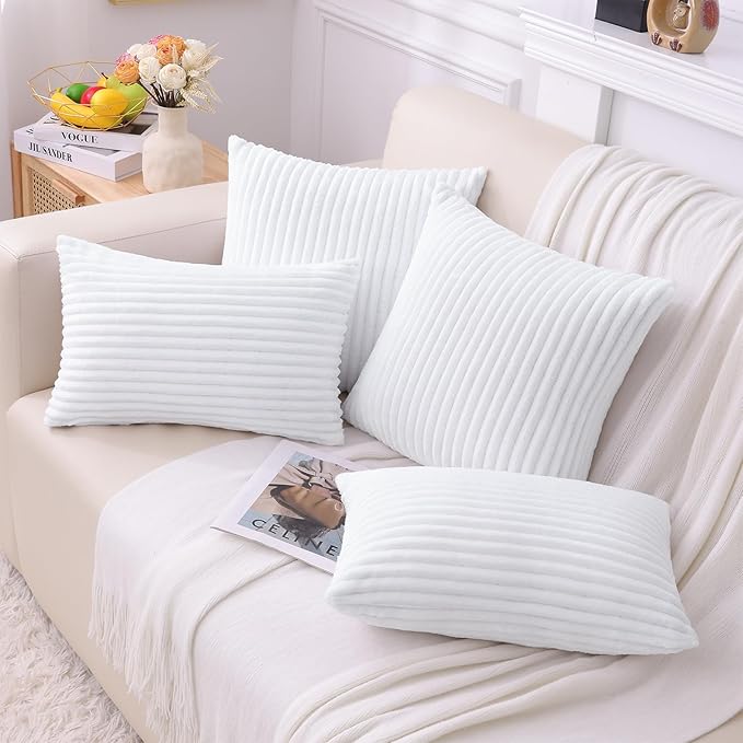 Simmore Decorative Spring Euro Sham Throw Pillow Covers 26x26 Set of 2, Soft Natural Plush Flannel Double-Sided Fluffy Couch Pillow Covers for Sofa Living Room, White